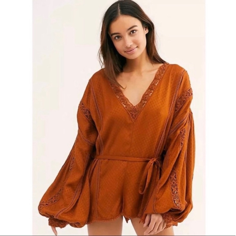 Free People Orange Lace-Trimmed Romper